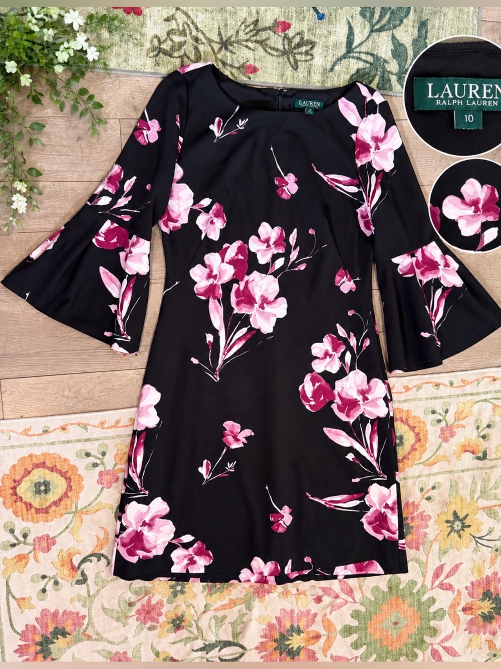 Lauren Ralph Lauren Black Dress with Pink Floral Print and Bell Sleeves